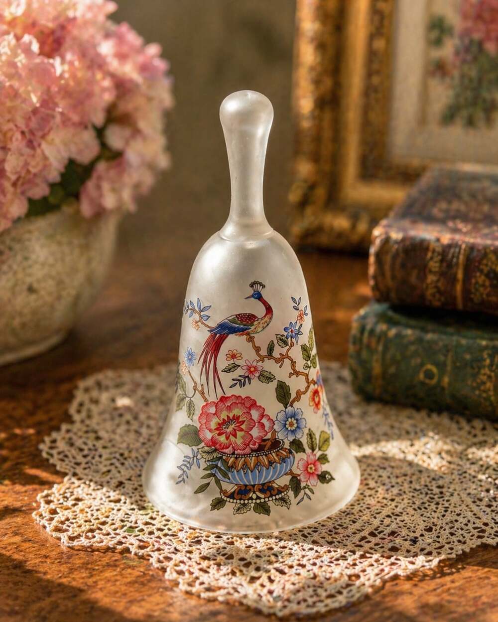 Vintage Avon-Style Frosted Glass Peacock and Floral Dinner Bell